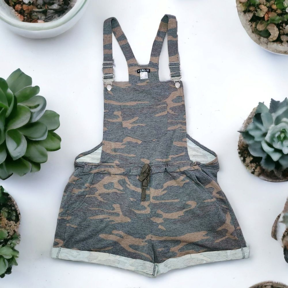 Venus Womens Fabric Overall Shorts Size Large Camo Print Gray Brown Camouflage